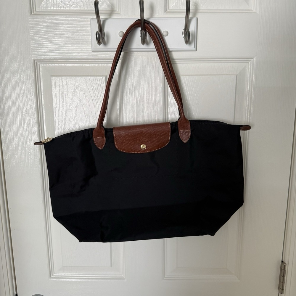 LONGCHAMP Le Pliage Large Tote Bag Black Brown Nylon Shoulder Bag Purse EUC - Picture 13 of 13